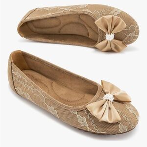 NWOB-Ballet Flats for Women Dressy: Comfortable Round Toe Bow Lace Mesh